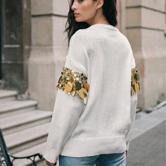 Women's Luxurious stylish Sequin detailed Long Sleeve Sweater top - Picture 7 of 9